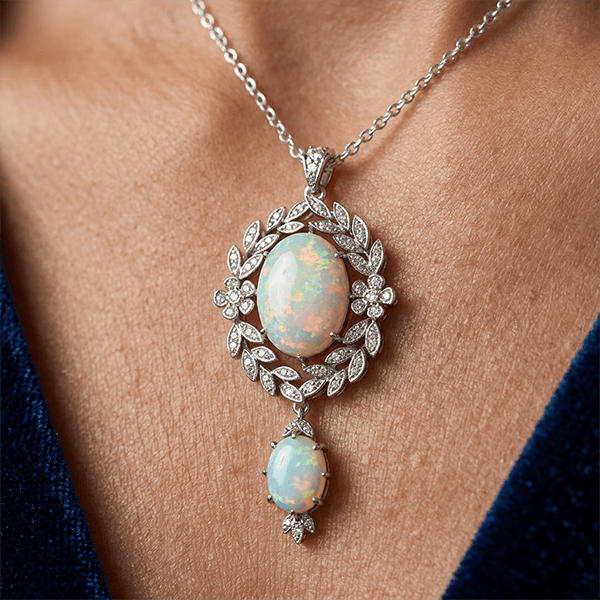 Vintage Milgrain Wreath Design Oval Cut Opal & White Sapphire Pendant Necklace For Women