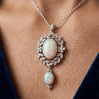 Vintage Milgrain Wreath Design Oval Cut Opal & White Sapphire Pendant Necklace For Women