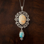 Vintage Milgrain Wreath Design Oval Cut Opal & White Sapphire Pendant Necklace For Women