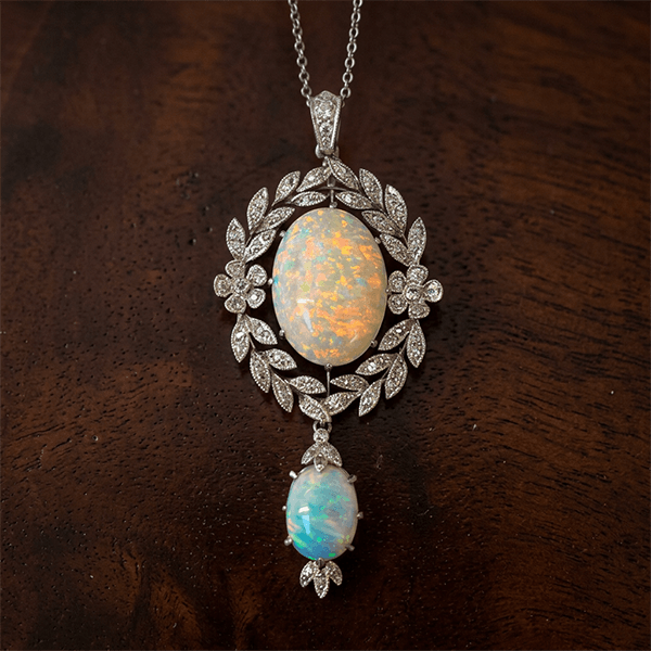 Vintage Milgrain Wreath Design Oval Cut Opal & White Sapphire Pendant Necklace For Women