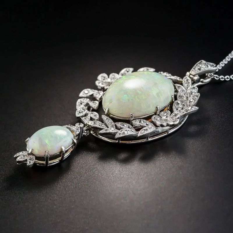 Vintage Milgrain Wreath Design Oval Cut Opal Pendant Necklace For Women Belovegrace