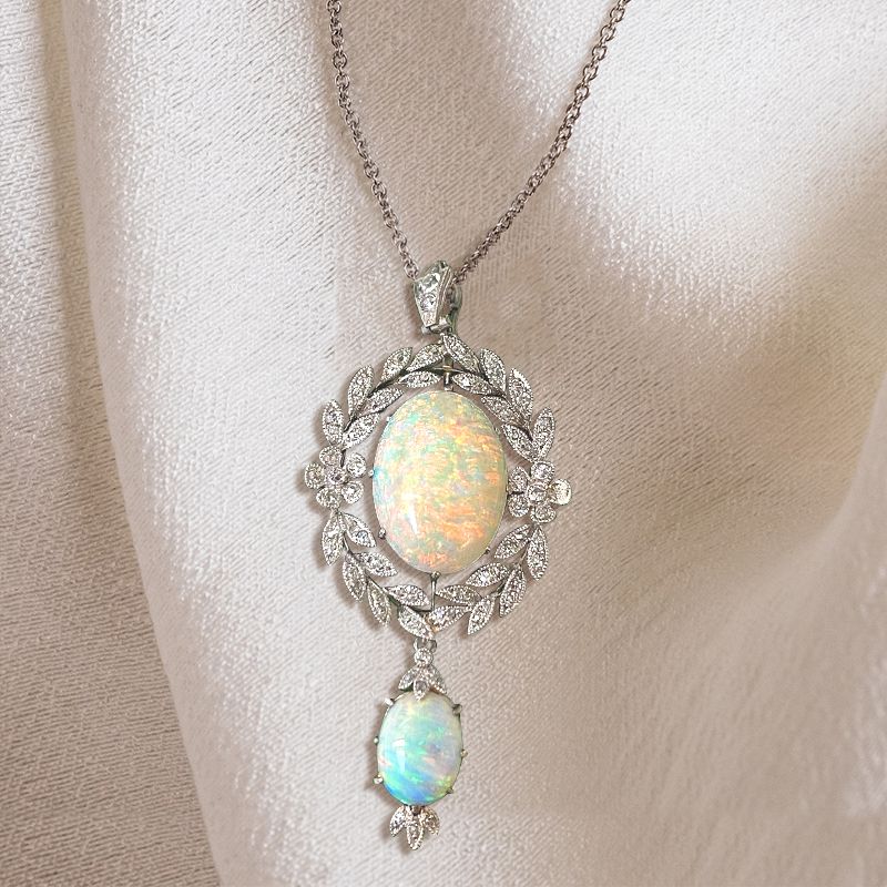 Vintage Milgrain Wreath Design Oval Cut Opal Pendant Necklace For Women Belovegrace