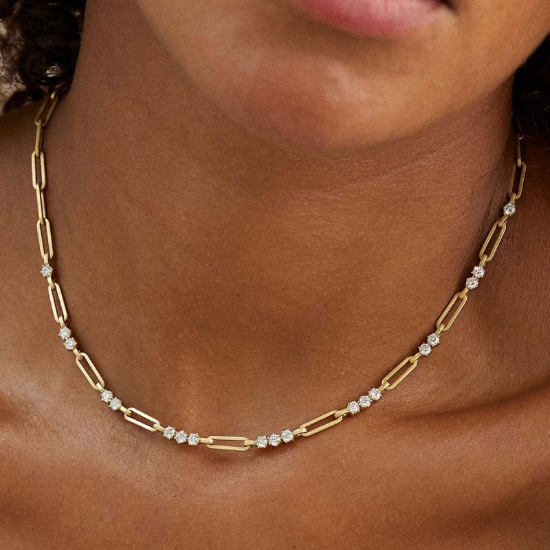 Golden Round Cut White Sapphire Paper Clip Necklace For Women Belovegrace