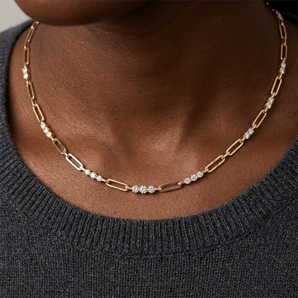 Golden Round Cut White Sapphire Paper Clip Necklace For Women
