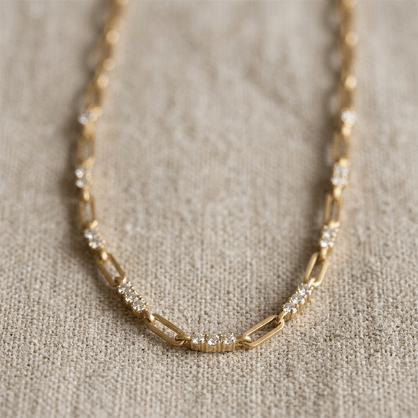 Golden Round Cut White Sapphire Paper Clip Necklace For Women