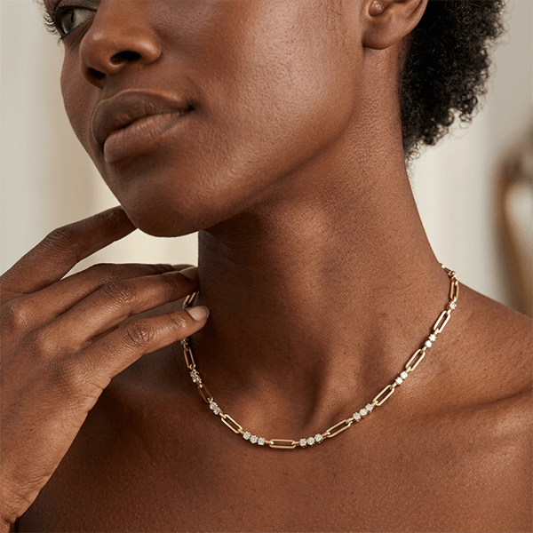 Golden Round Cut White Sapphire Paper Clip Necklace For Women