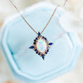 Rose Gold Halo Oval Cut Opal & Blue Sapphire Pendant Necklace For Women Belovegrace