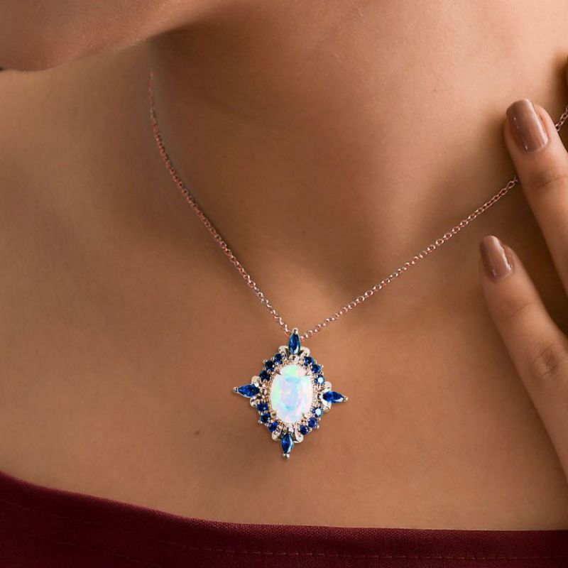 Rose Gold Halo Oval Cut Opal & Blue Sapphire Pendant Necklace For Women Belovegrace
