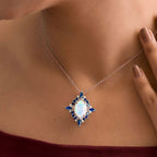 Rose Gold Halo Oval Cut Opal & Blue Sapphire Pendant Necklace For Women Belovegrace