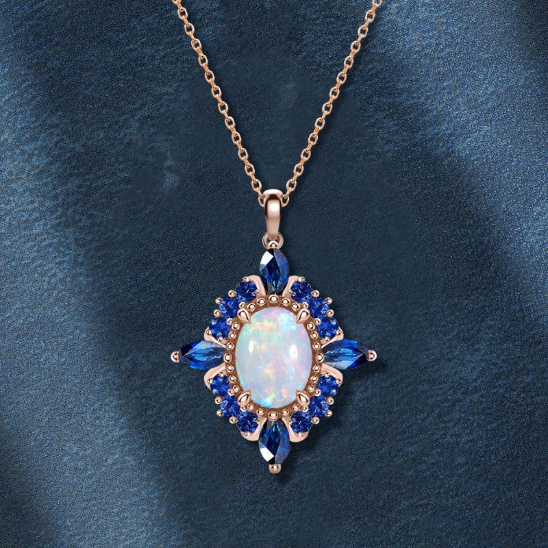 Rose Gold Halo Oval Cut Opal & Blue Sapphire Pendant Necklace For Women Belovegrace