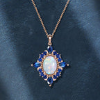 Rose Gold Halo Oval Cut Opal & Blue Sapphire Pendant Necklace For Women Belovegrace
