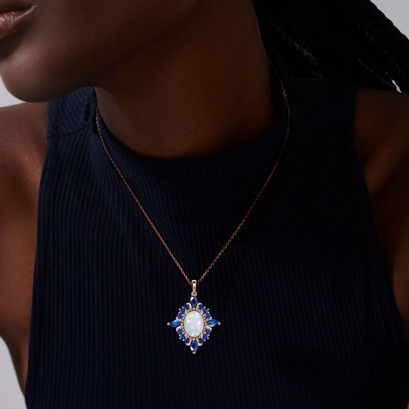Rose Gold Halo Oval Cut Opal & Blue Sapphire Pendant Necklace For Women Belovegrace