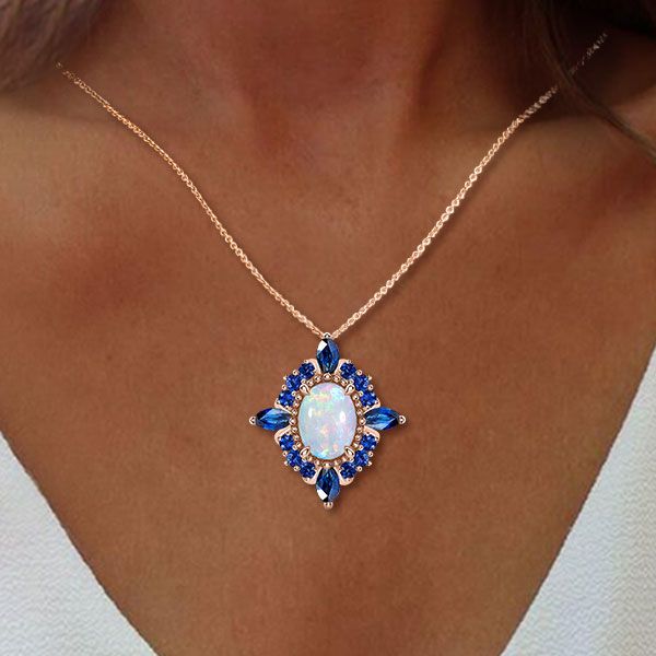 Rose Gold Halo Oval Cut Opal & Blue Sapphire Pendant Necklace For Women Belovegrace