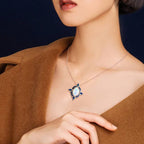 Rose Gold Halo Oval Cut Opal & Blue Sapphire Pendant Necklace For Women Belovegrace