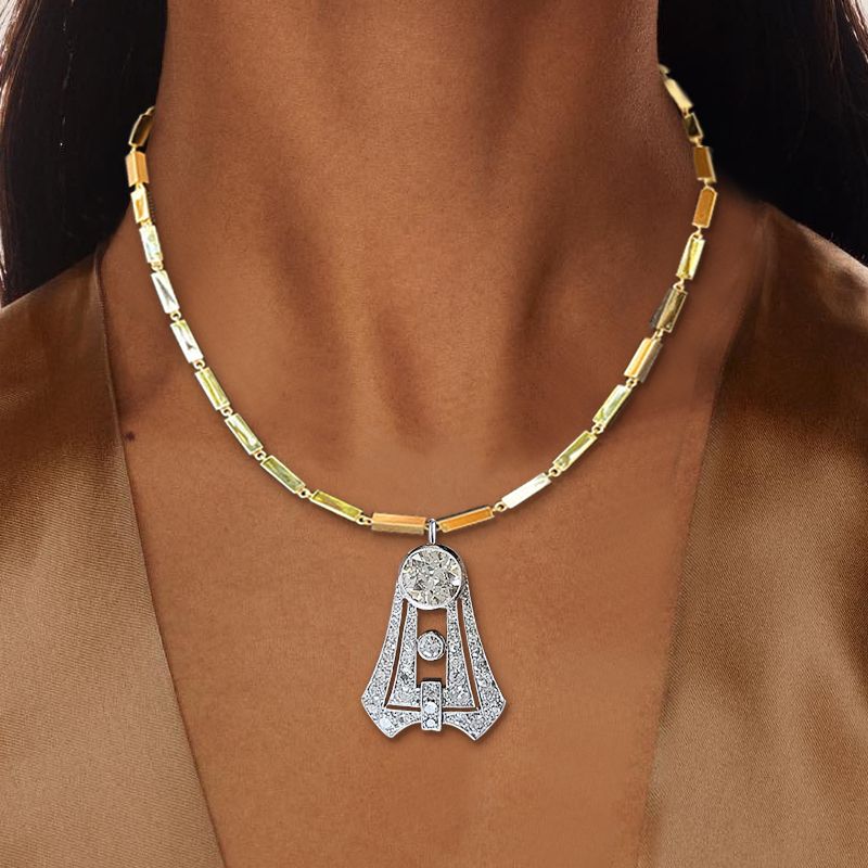 Art Deco Two Tone Round Cut White Sapphire Pendant Necklace For Women Belovegrace