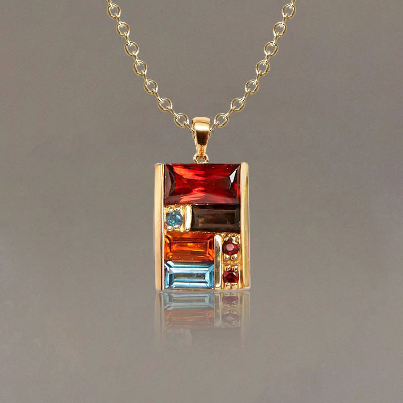 Golden Baguette Cut Garnet & Topaz & Orange & Brown Sapphire Pendant Necklace For Women Belovegrace