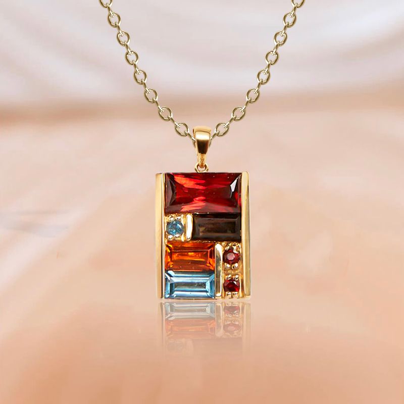 Golden Baguette Cut Garnet & Topaz & Orange & Brown Sapphire Pendant Necklace For Women Belovegrace