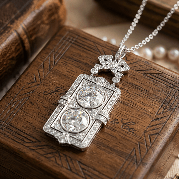 Art Deco Double Round Cut White Sapphire Pendant Necklace For Women
