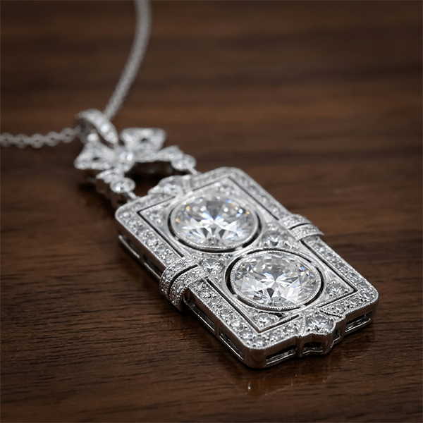 Art Deco Double Round Cut White Sapphire Pendant Necklace For Women