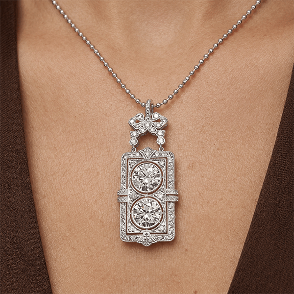 Art Deco Double Round Cut White Sapphire Pendant Necklace For Women
