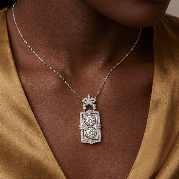 Art Deco Double Round Cut White Sapphire Pendant Necklace For Women