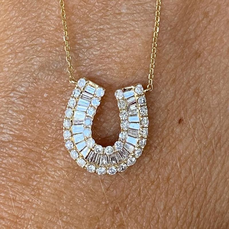 White Sapphire Round & Baguette Cut Horseshoe Pendant Necklace For Women Belovegrace