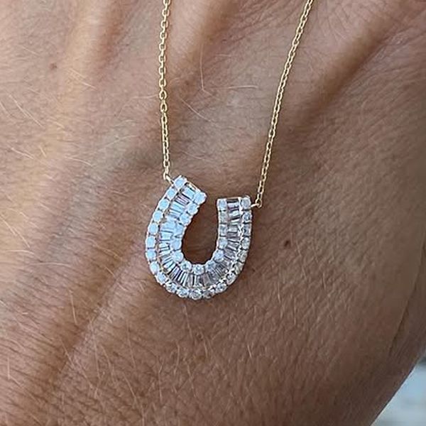 White Sapphire Round & Baguette Cut Horseshoe Pendant Necklace For Women Belovegrace