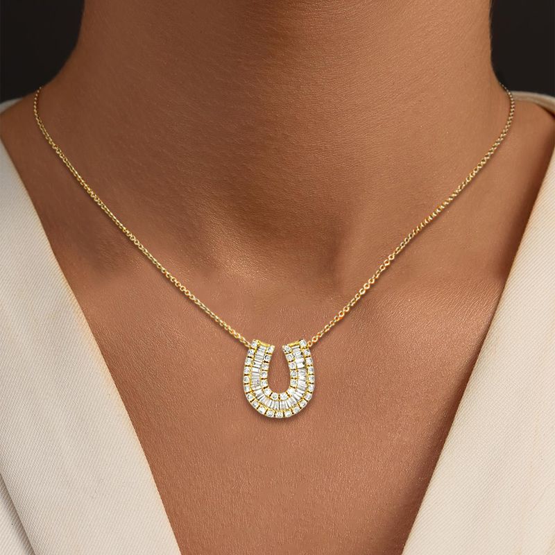 White Sapphire Round & Baguette Cut Horseshoe Pendant Necklace For Women Belovegrace