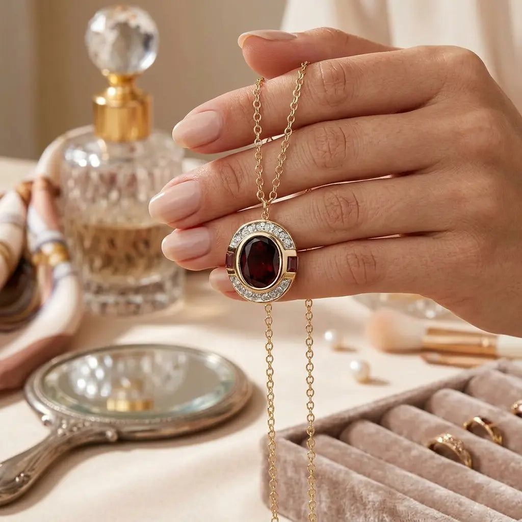 Art Deco Two Tone Oval Cut Garnet Sapphire Pendant Necklace For Women