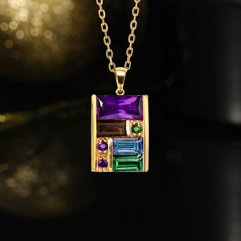 Golden Baguette Cut Purple & Emerald & Blue Sapphire Pendant Necklace For Women Belovegrace