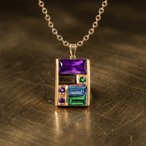 Golden Baguette Cut Purple & Emerald & Blue Sapphire Pendant Necklace For Women