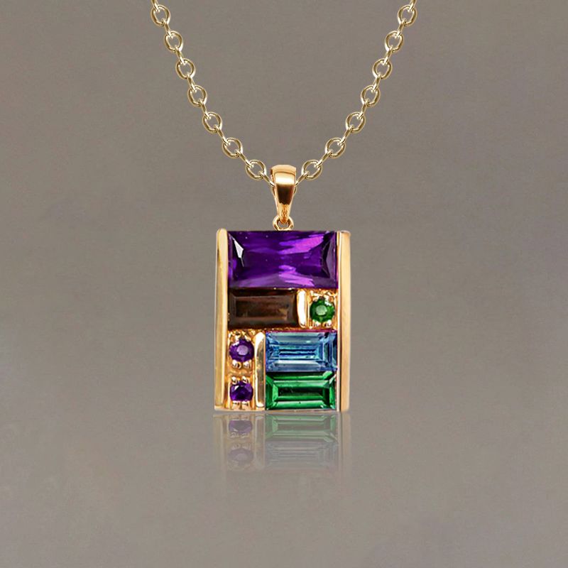Golden Baguette Cut Purple & Emerald & Blue Sapphire Pendant Necklace For Women Belovegrace