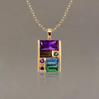 Golden Baguette Cut Purple & Emerald & Blue Sapphire Pendant Necklace For Women Belovegrace