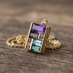 Golden Baguette Cut Purple & Emerald & Blue Sapphire Pendant Necklace For Women