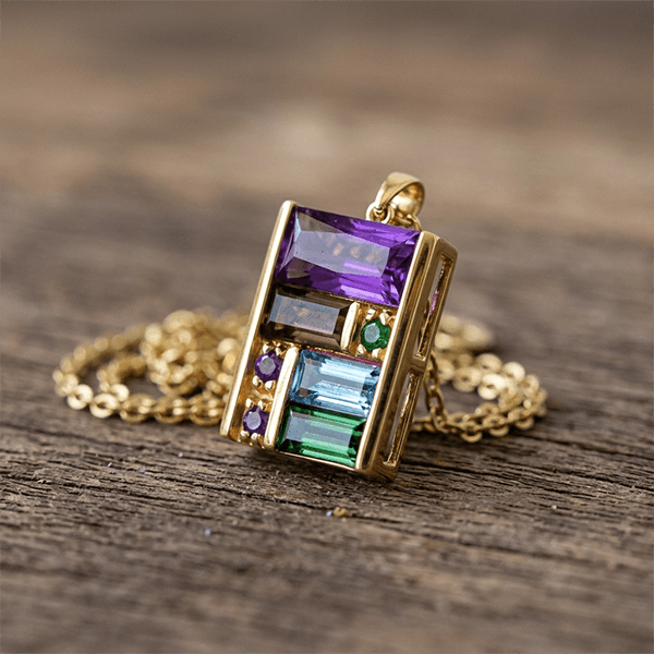 Golden Baguette Cut Purple & Emerald & Blue Sapphire Pendant Necklace For Women