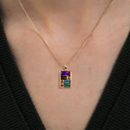 Golden Baguette Cut Purple & Emerald & Blue Sapphire Pendant Necklace For Women Belovegrace