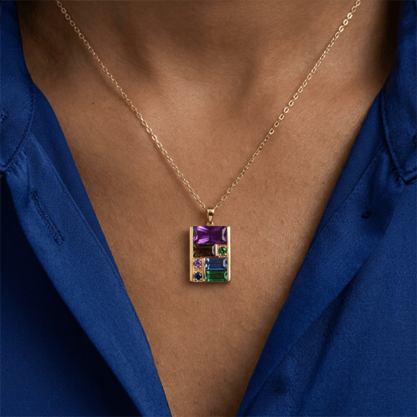 Golden Baguette Cut Purple & Emerald & Blue Sapphire Pendant Necklace For Women