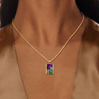 Golden Baguette Cut Purple & Emerald & Blue Sapphire Pendant Necklace For Women Belovegrace