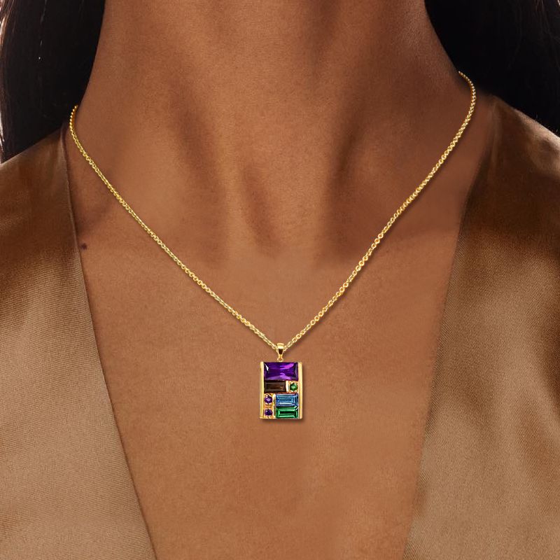 Golden Baguette Cut Purple & Emerald & Blue Sapphire Pendant Necklace For Women Belovegrace