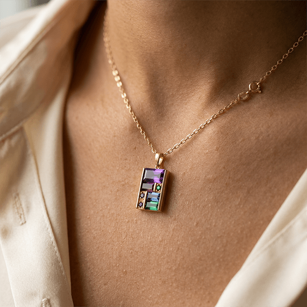 Golden Baguette Cut Purple & Emerald & Blue Sapphire Pendant Necklace For Women