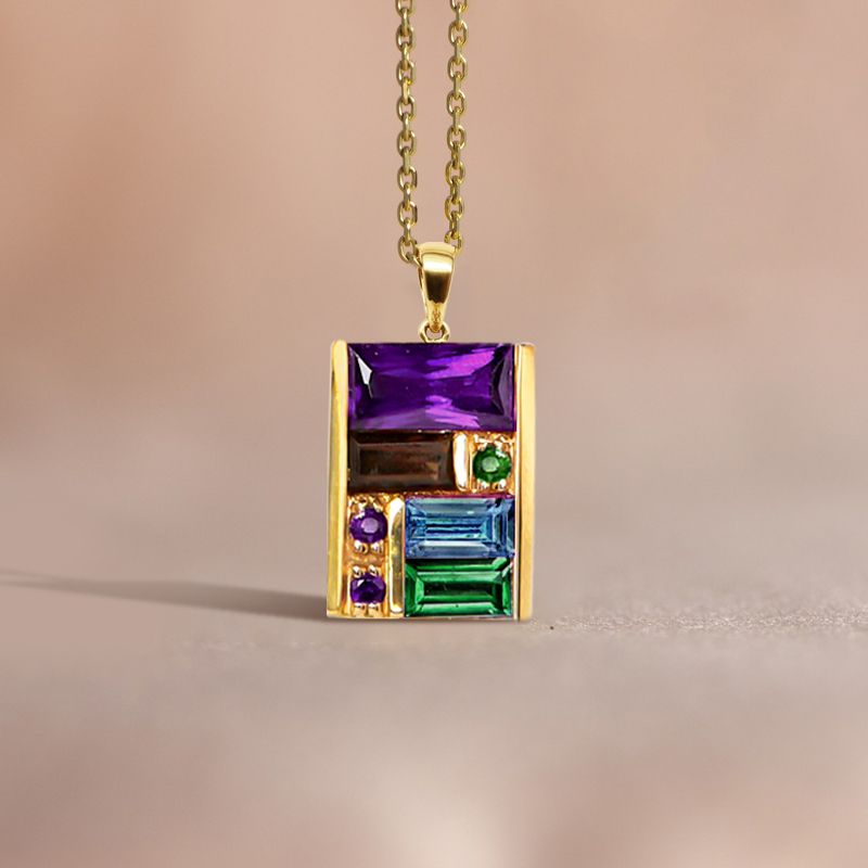 Golden Baguette Cut Purple & Emerald & Blue Sapphire Pendant Necklace For Women Belovegrace