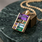 Golden Baguette Cut Purple & Emerald & Blue Sapphire Pendant Necklace For Women