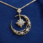 Star & Moon Design White Sapphire Round Cut Pendant Necklace For Women Belovegrace