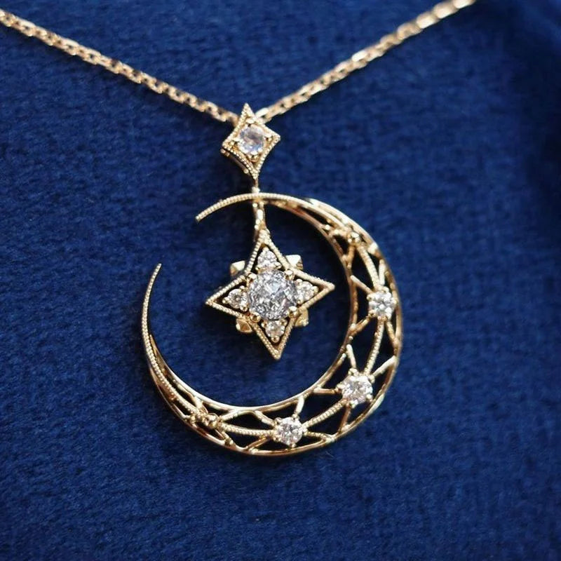 Star & Moon Design White Sapphire Round Cut Pendant Necklace For Women Belovegrace