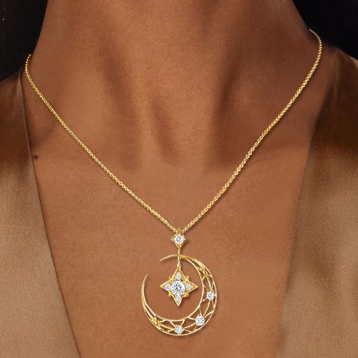 Star & Moon Design White Sapphire Round Cut Pendant Necklace For Women Belovegrace