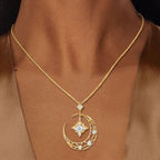Star & Moon Design White Sapphire Round Cut Pendant Necklace For Women Belovegrace