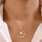 Star & Moon Design White Sapphire Round Cut Pendant Necklace For Women Belovegrace