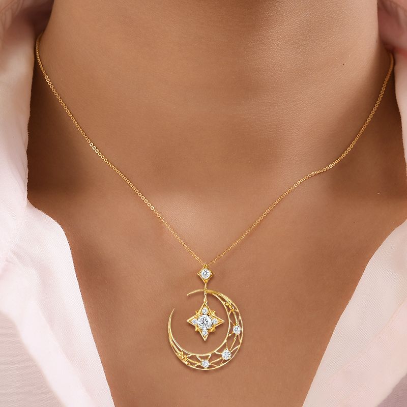 Star & Moon Design White Sapphire Round Cut Pendant Necklace For Women Belovegrace