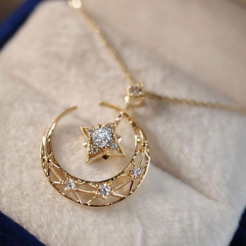 Star & Moon Design White Sapphire Round Cut Pendant Necklace For Women Belovegrace