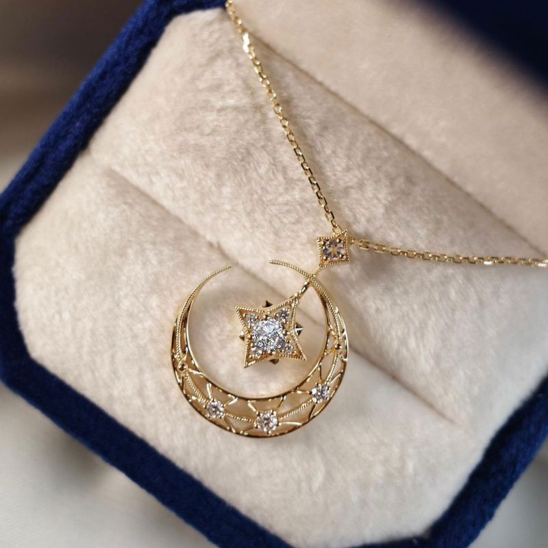 Star & Moon Design White Sapphire Round Cut Pendant Necklace For Women Belovegrace